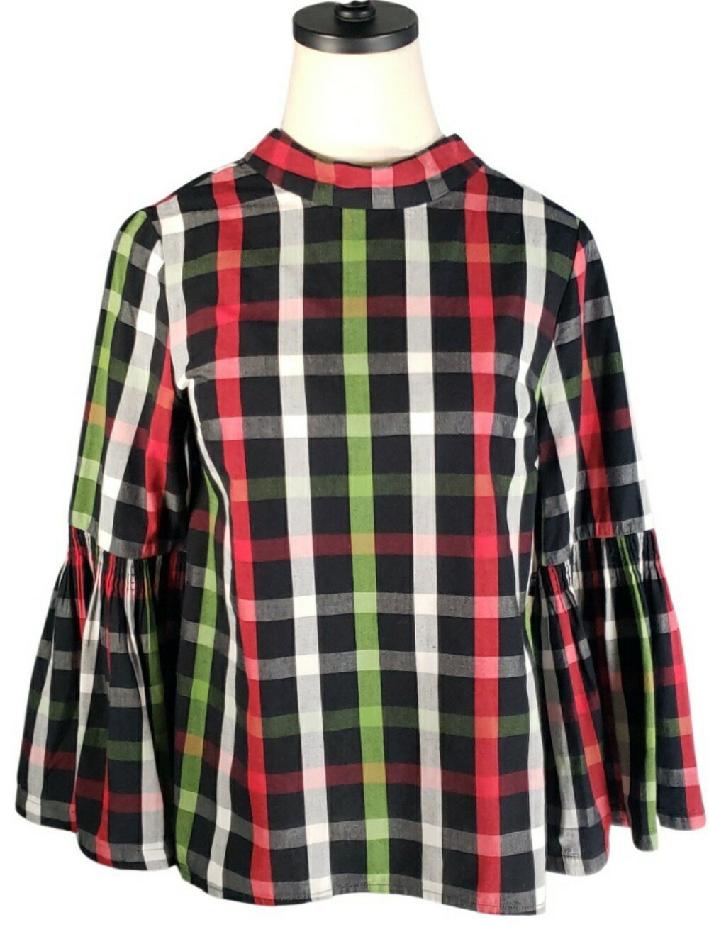 Crown & Ivy Plaid Bell Tie Sleeve Mockneck Top Red Green Black Preppy Academia S